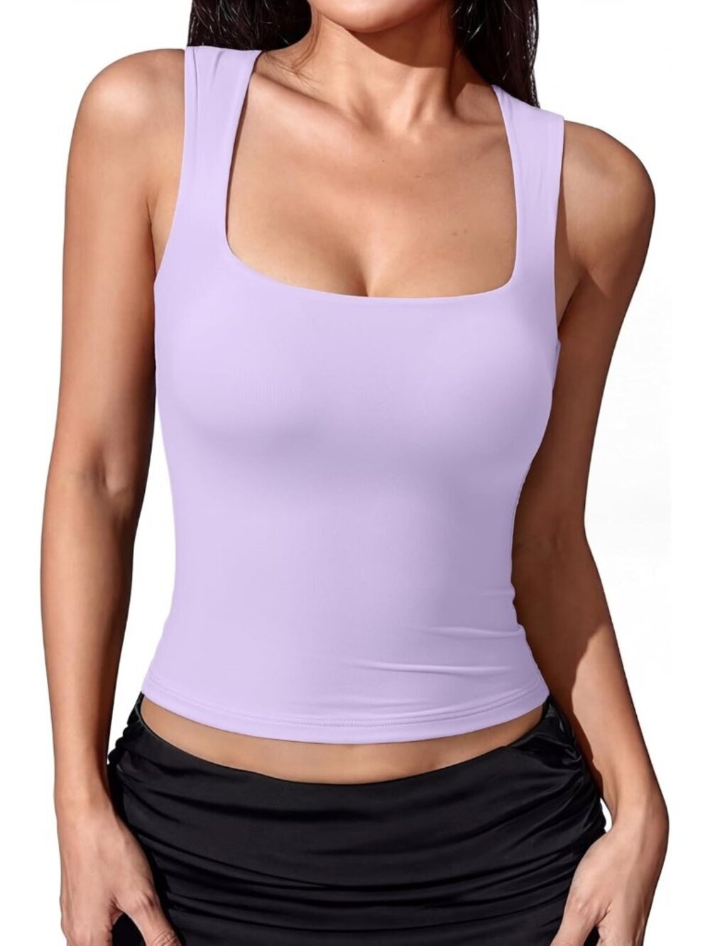 Women's Light Purple Sleeveless Square Neck Double Lined Imported Crop Tank Top